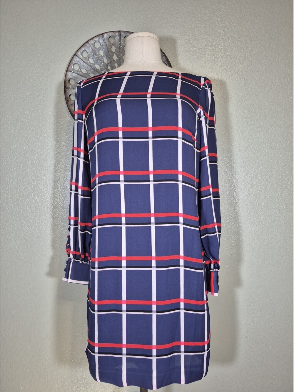 NWT Banana Republic Plaid Shift Dress Longsleeve Size 8 BLUE RED